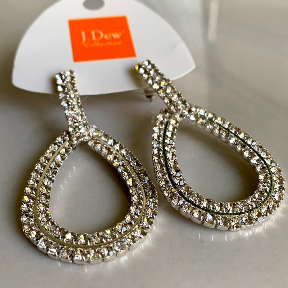 J. Dew Crystal Drop Earrings Silver Tone Large